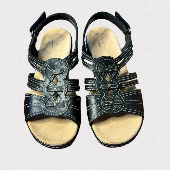 Clarks Leisa Janna Black Sandal, Size 8W Leather Hook‑&‑Loop Strappy Sandals - Picture 2 of 14